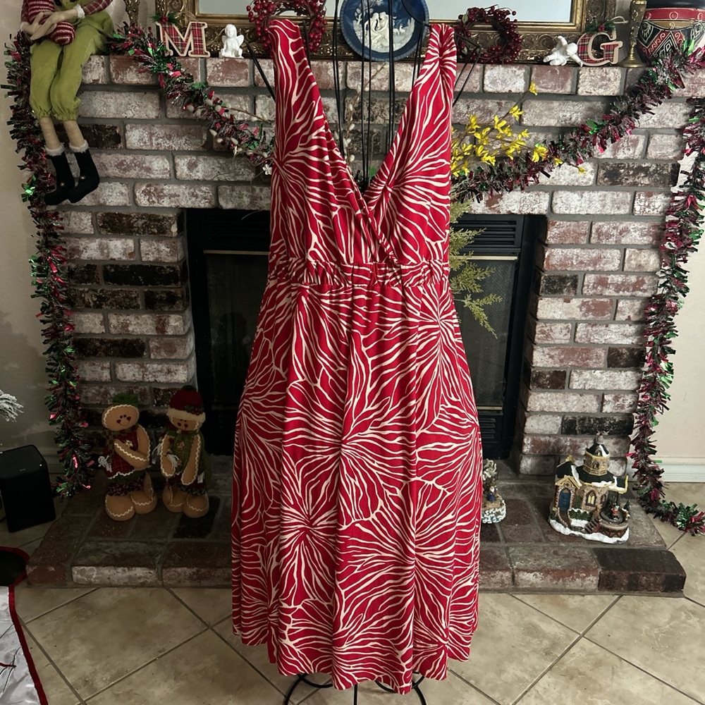 Y2K Metro7 Red & Cream Floral Empire Waist Knee-Length Dress Sz M